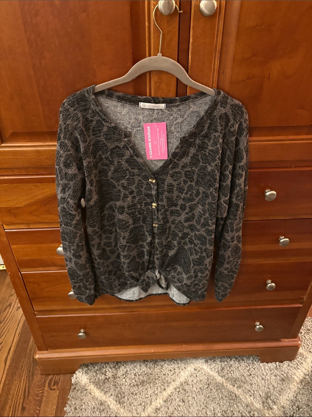 Leopard-Print Button Front Knit Cardigan - Charcoal